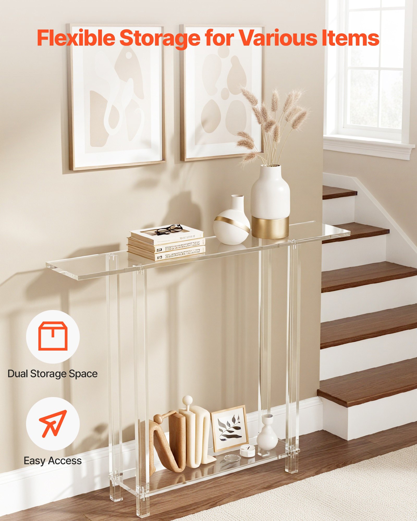 VEVOR Acrylic Console Table, 2 Tiers Narrow Side Desk with Bottom Open Storage, Modern Rectangle Acrylic End Table, Transparent Entry Desk for Foyer, Hallway, Living Room, 19.3 x 100 x 80 cm (Clear)