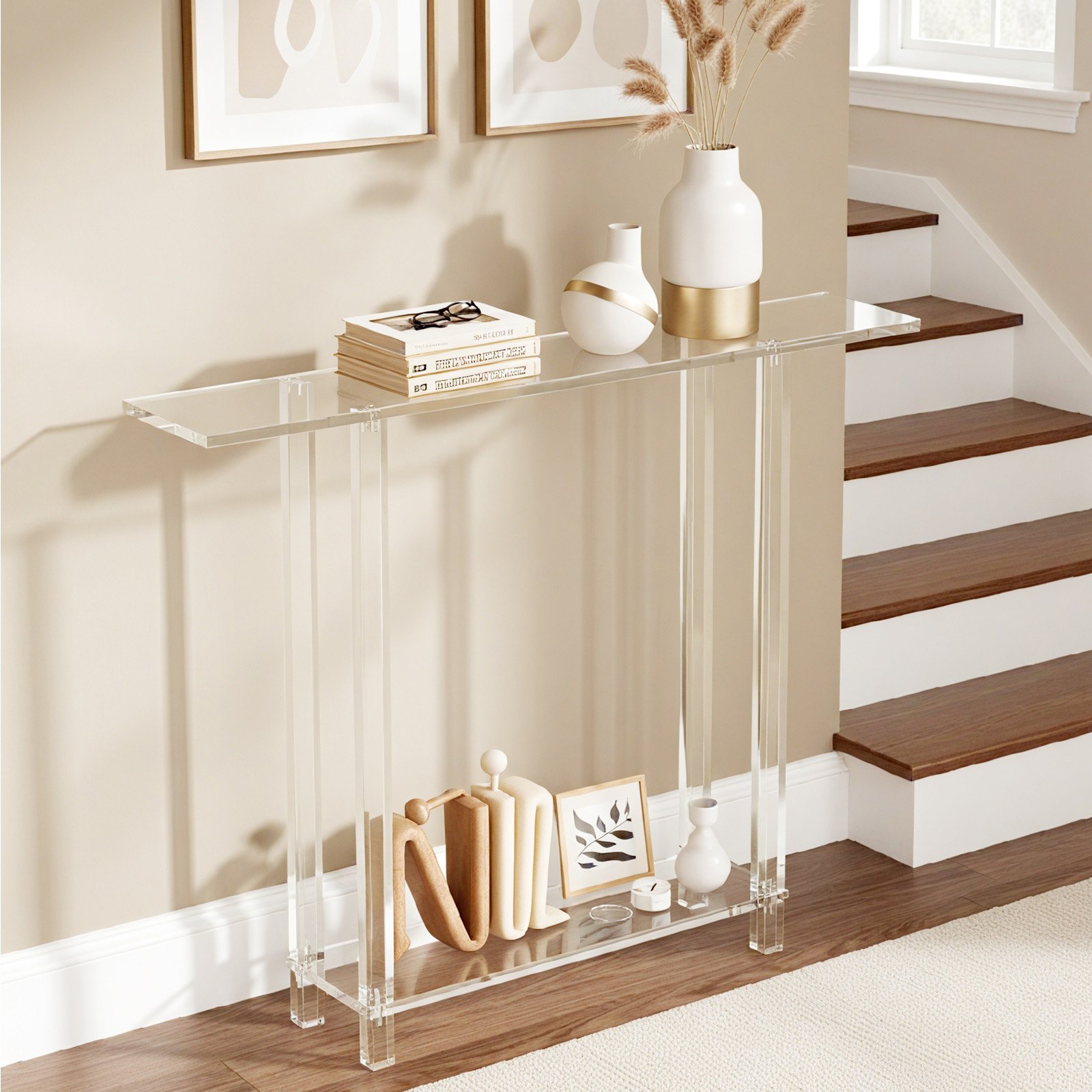 VEVOR Acrylic Console Table, 2 Tiers Narrow Side Desk with Bottom Open Storage, Modern Rectangle Acrylic End Table, Transparent Entry Desk for Foyer, Hallway, Living Room, 19.3 x 100 x 80 cm (Clear)