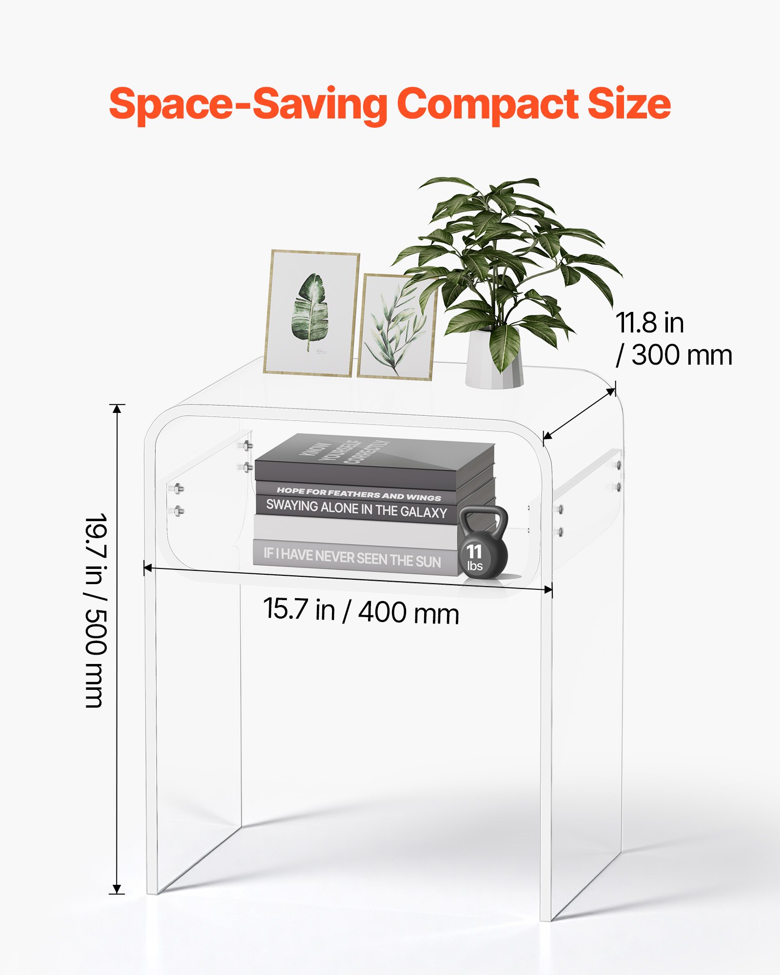 VEVOR Acrylic Side Table, 2 Tiers Clear Bedside Table with Storage Shelf, Modern Rectangle Acrylic End Desk, Transparent Thick Nightstand for Bedroom, Living Room, Study, 30 x 40 x 50 cm (Clear)