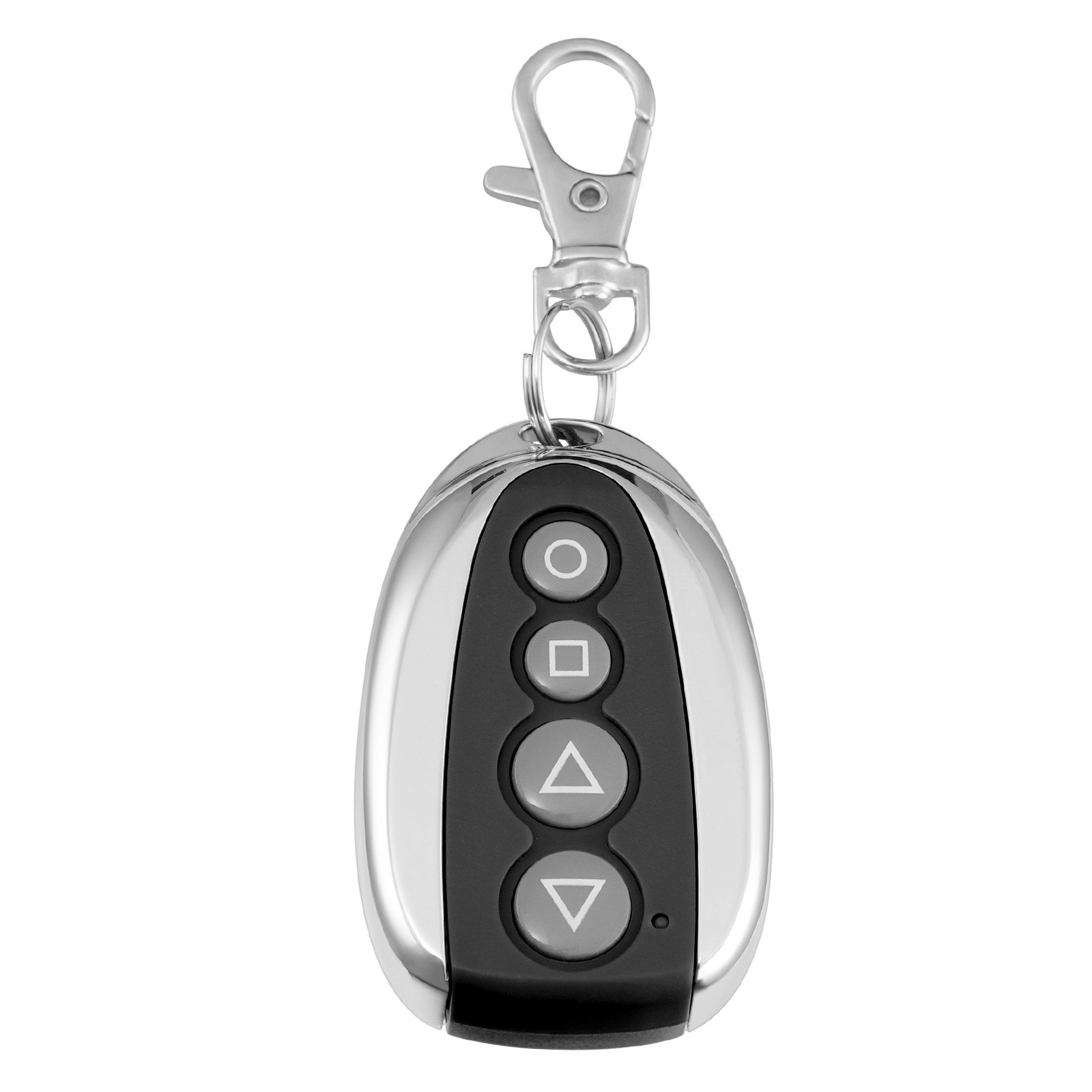 black and silver VEVOR gate remote control with a keychain attachment.