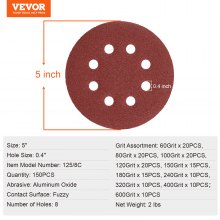 150PCS 5-inch Sanding Discs 60-600 Grit Hook and Loop Sandpaper 8-Hole