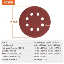 150PCS 5-inch Sanding Discs 60-600 Grit Hook and Loop Sandpaper 8-Hole