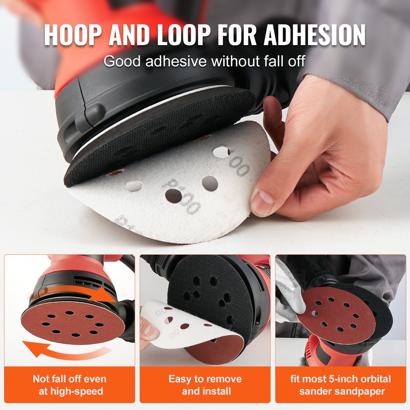 VEVOR 150 PCS 5 Inch Sanding Discs Set, 8-Hole Round Hook and Loop Sandpaper for Orbital Sander, 10 Grits include 60, 80, 100, 120, 150,180, 240, 320, 400, 600 Grit, for Metal, Wood, Car Sanding