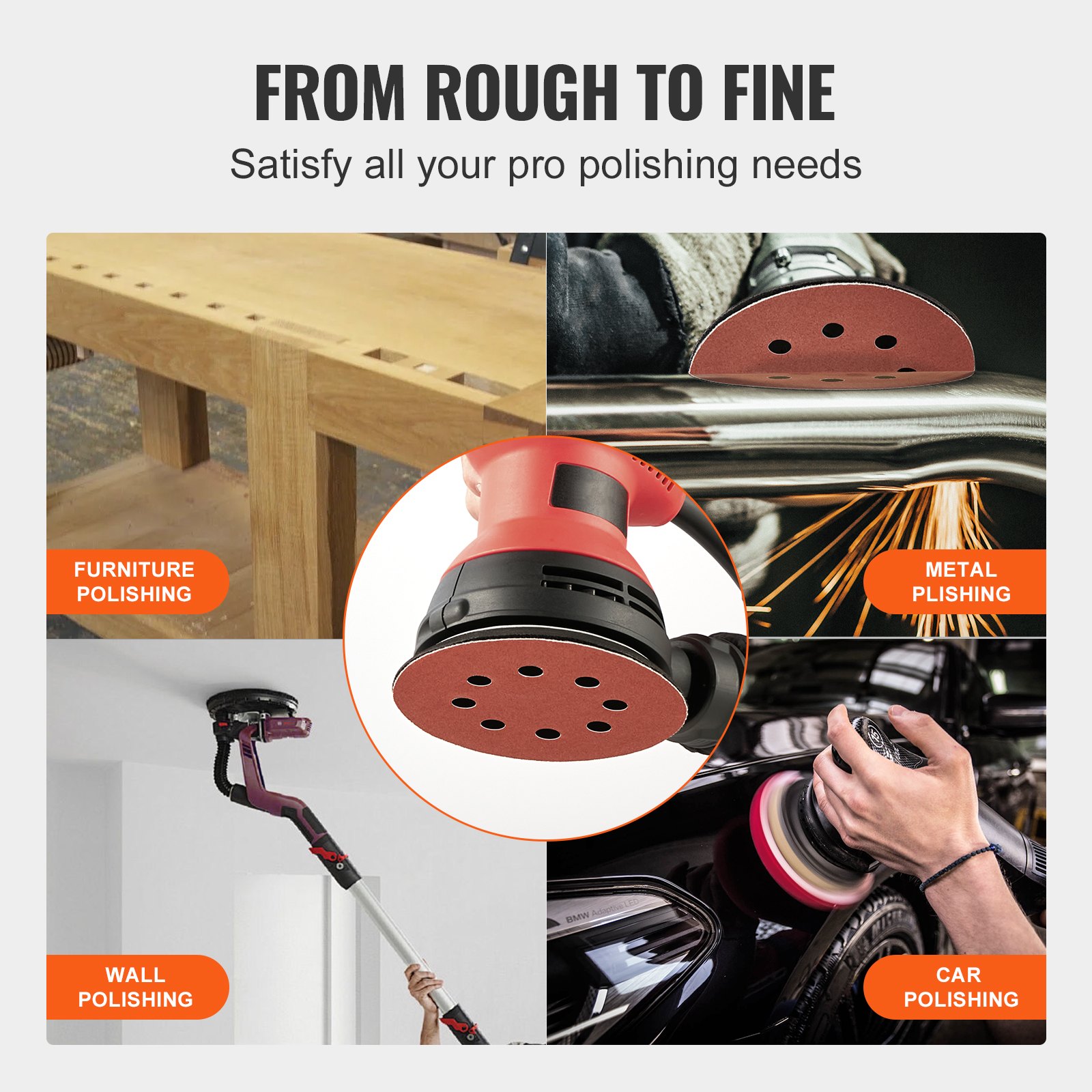 VEVOR 150 PCS 5 Inch Sanding Discs Set, 8-Hole Round Hook and Loop Sandpaper for Orbital Sander, 10 Grits include 60, 80, 100, 120, 150,180, 240, 320, 400, 600 Grit, for Metal, Wood, Car Sanding