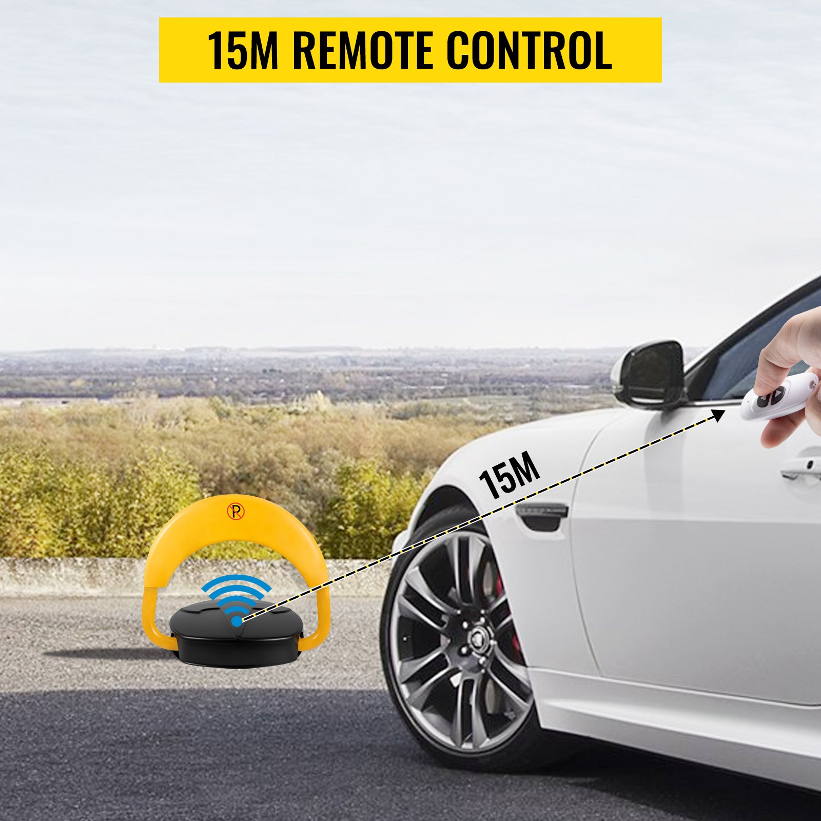 VEVOR automatic parking lock with 15m remote control next to white car.
