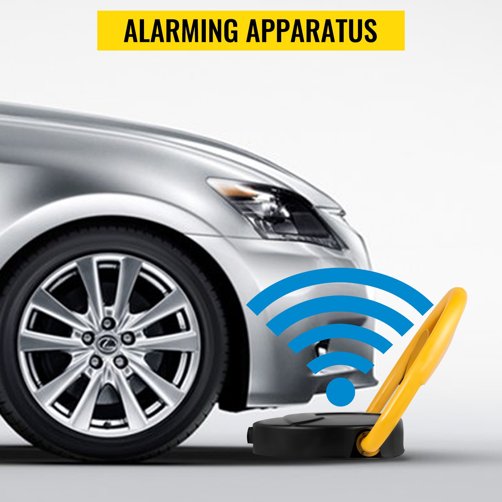 silver car by yellow VEVOR automatic parking lock with signal waves and &quot;alarming apparatus&quot;.