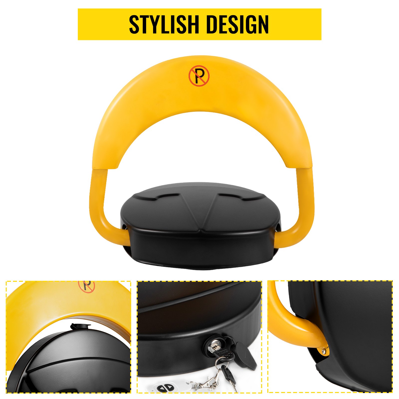 VEVOR automatic parking lock with yellow arch and black base, showcasing lock and keys.