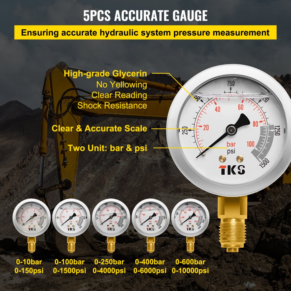 5pcs VEVOR hydraulic pressure test kit, glycerin-filled gauges, bar and psi units, clear scale.