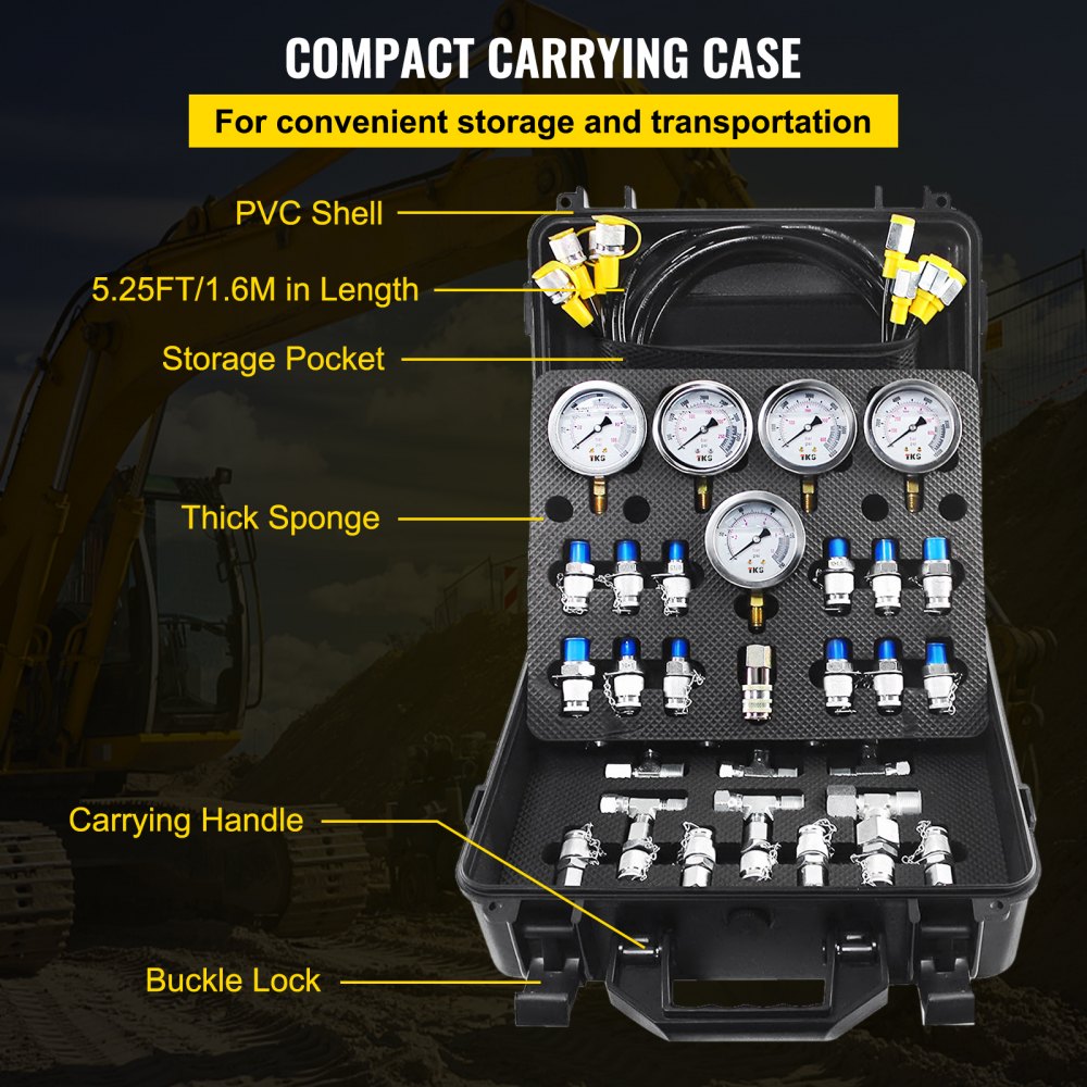 VEVOR hydraulic pressure test kit in a compact carrying case with gauges, connectors, and a pvc shell.