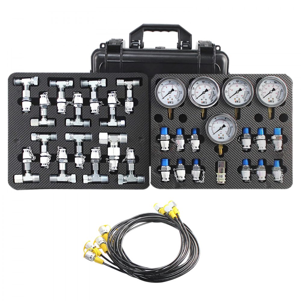 VEVOR hydraulic pressure test kit with gauges, connectors, and cables in a black carrying case.