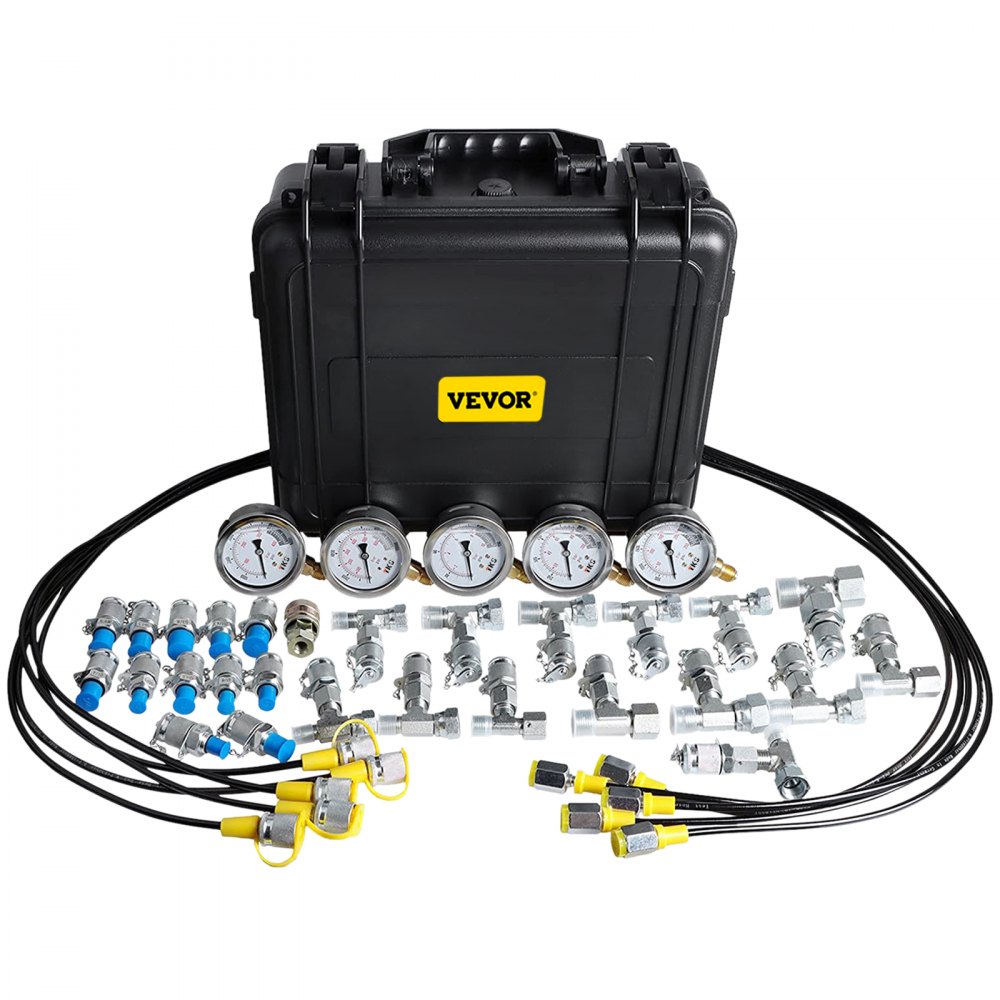 VEVOR hydraulic pressure test kit with manifold, gauges, hoses, fittings, and durable black case.
