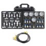VEVOR hydraulic pressure test kit with gauges, connectors, and cables in a black carrying case.