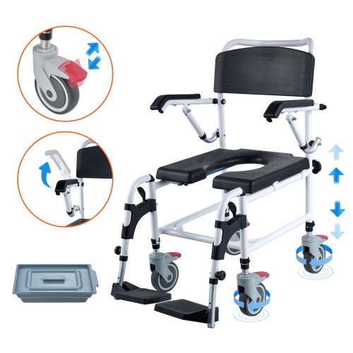 VEVOR Shower Commode Wheelchair with 4 Lockable Wheels Footrests Flip-up Arms