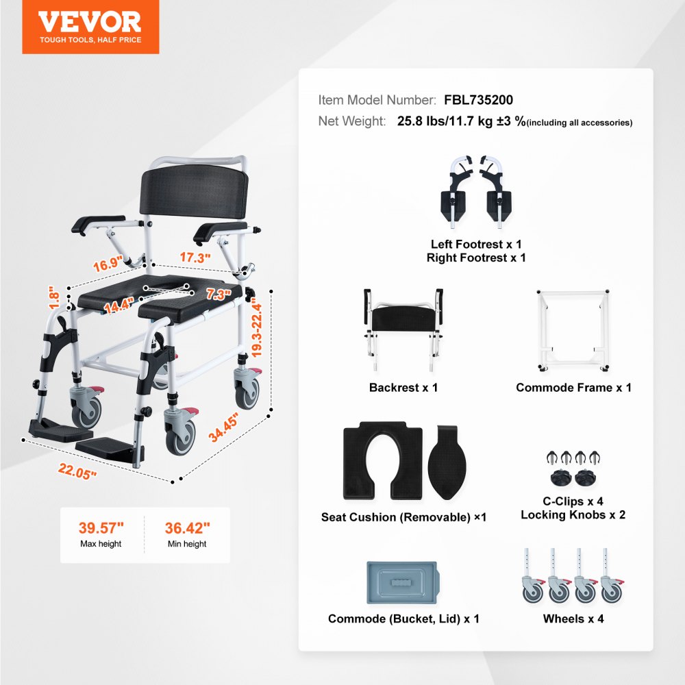VEVOR Shower Commode Wheelchair with 4 Lockable Wheels, Footrests, Flip-up Arms, 3-Level Adjustable Height, 5L Removable Bucket, 350 LBS Capacity, Commode Chair for Adults Seniors