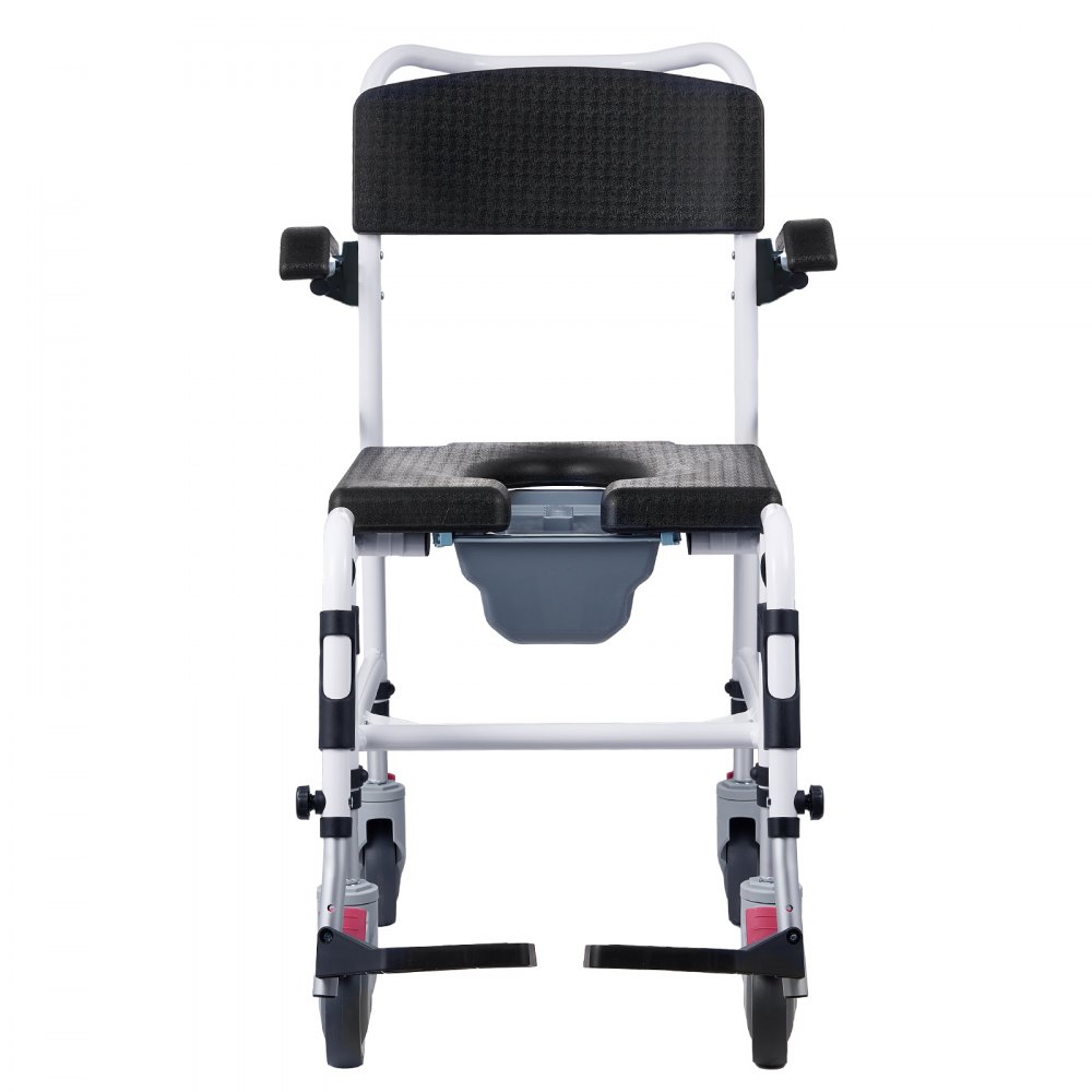 VEVOR Shower Commode Wheelchair with 4 Lockable Wheels, Footrests, Flip-up Arms, 3-Level Adjustable Height, 5L Removable Bucket, 350 LBS Capacity, Commode Chair for Adults Seniors