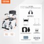 VEVOR shower commode wheelchair diagram with dimensions and accessory details.