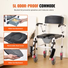 Αναπηρικό αμαξίδιο VEVOR Shower Commode με 4 ρόδες που κλειδώνουν, υποπόδια, βραχίονες που ανατρέπονται, ρυθμιζόμενο ύψος 3 επιπέδων, αφαιρούμενος κάδος 5 λίτρων, χωρητικότητα 350 LBS, καρέκλα Commode για ενήλικες ηλικιωμένους