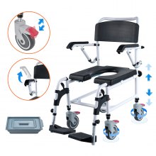 Cadeira de rodas cômoda de chuveiro VEVOR com 4 rodas traváveis, apoios para os pés, braços rebatíveis, altura ajustável em 3 níveis, balde removível de 5L, capacidade de 350 LBS, cadeira cômoda para adultos idosos