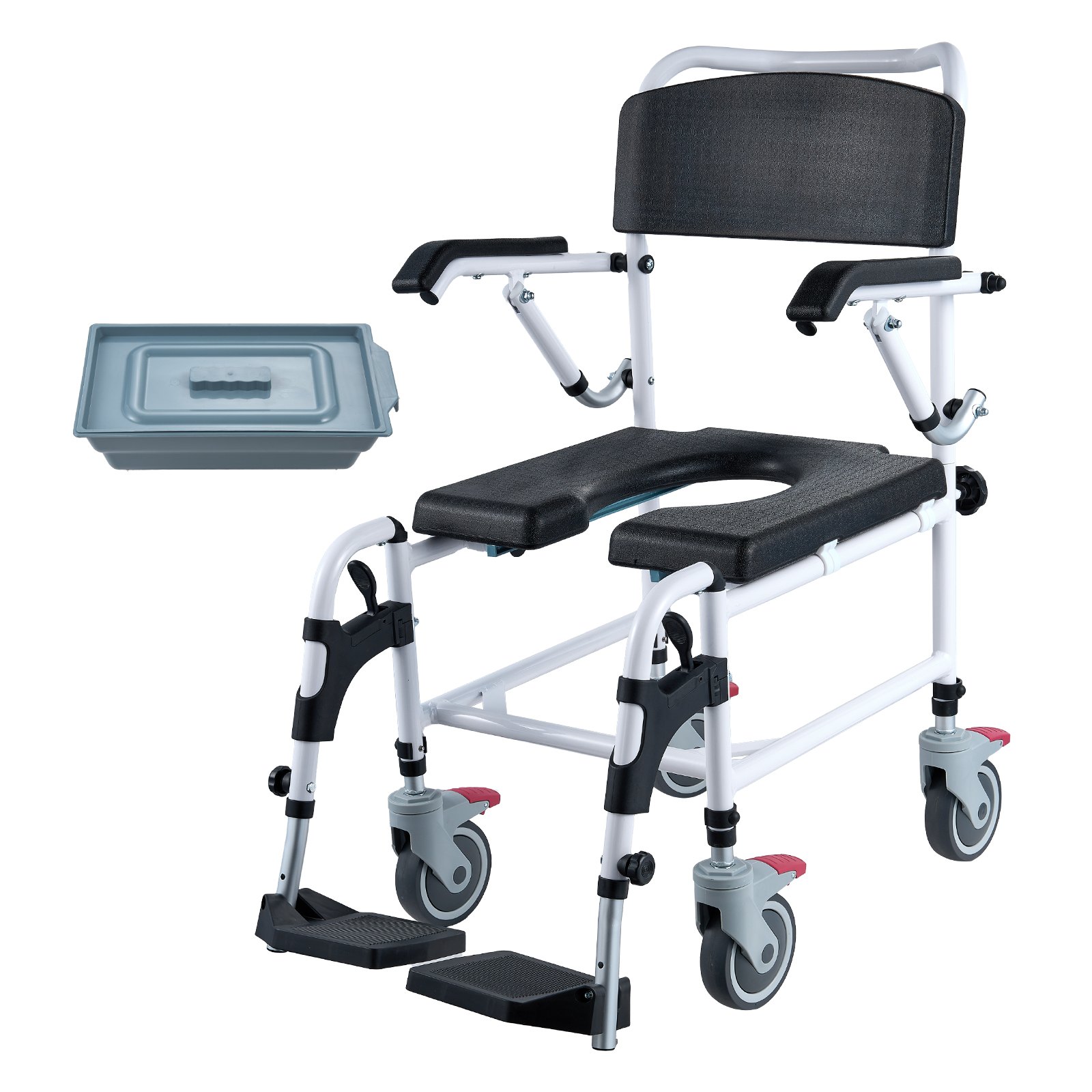 VEVOR Shower Commode Wheelchair with 4 Lockable Wheels, Footrests, Flip-up Arms, 3-Level Adjustable Height, 5L Removable Bucket, 350 LBS Capacity, Commode Chair for Adults Seniors