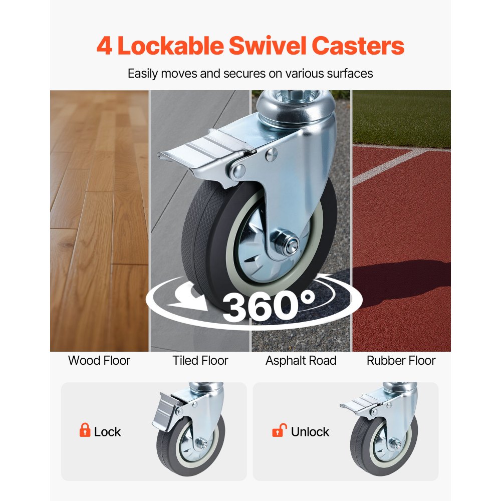 VEVOR Bedside Commode Chair with Wheels, 350 lbs Capacity, 4-in-1 Portable Toilet and Raised Toilet Seat with Padded Seat/Backrest/Flip-up Footrest, Detachable 5L Bucket, Shower Wheelchair for Seniors