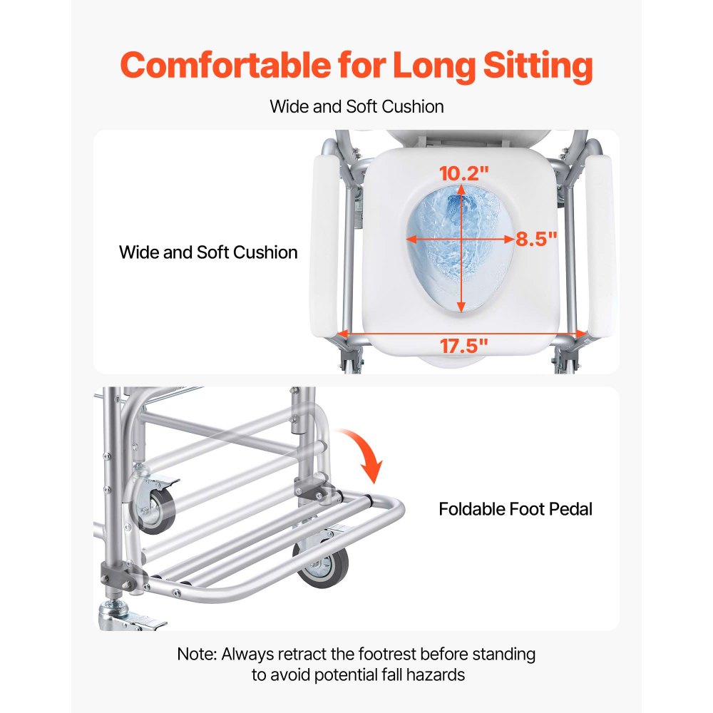 VEVOR Bedside Commode Chair with Wheels, 350 lbs Capacity, 4-in-1 Portable Toilet and Raised Toilet Seat with Padded Seat/Backrest/Flip-up Footrest, Detachable 5L Bucket, Shower Wheelchair for Seniors