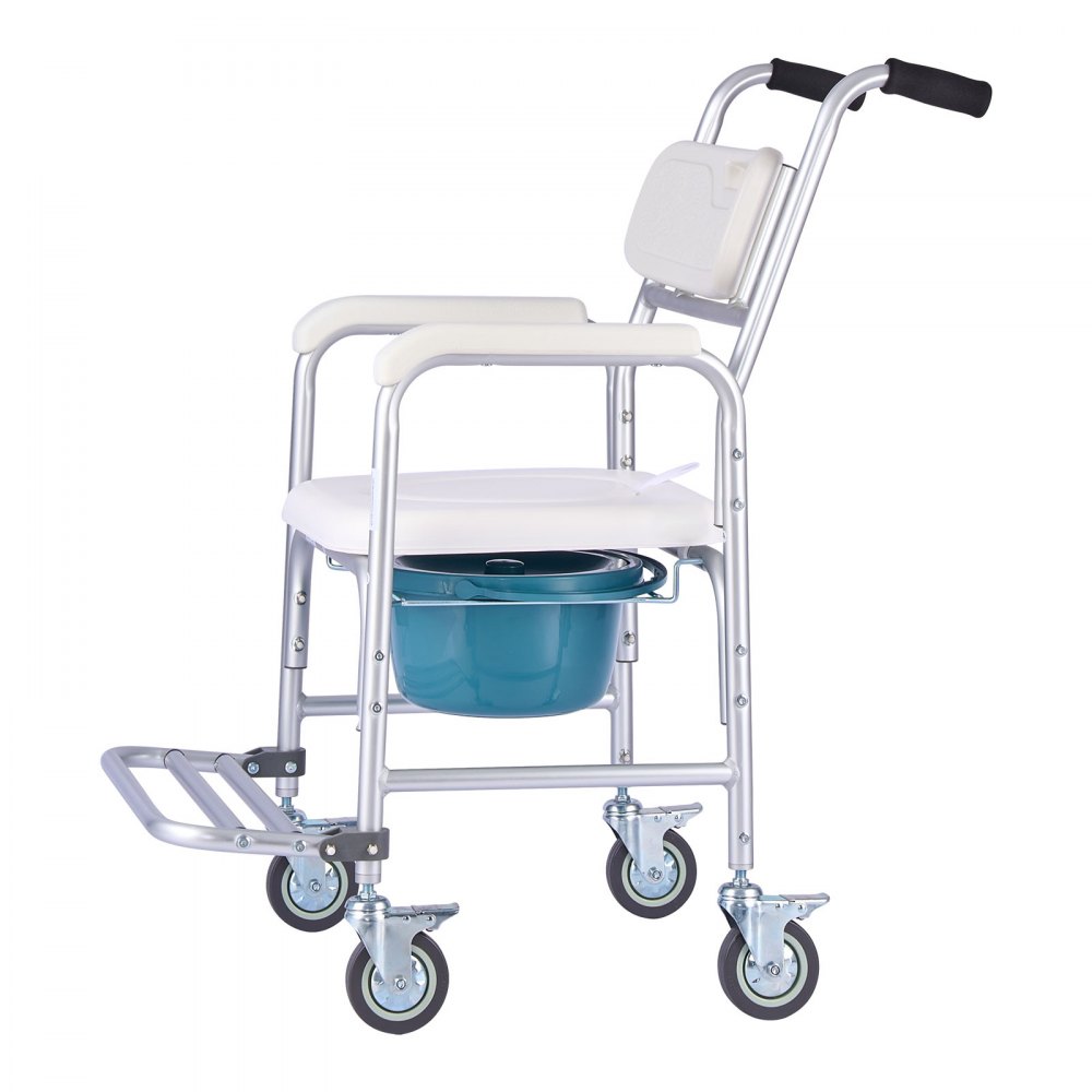 VEVOR Bedside Commode Chair with Wheels, 350 lbs Capacity, 4-in-1 Portable Toilet and Raised Toilet Seat with Padded Seat/Backrest/Flip-up Footrest, Detachable 5L Bucket, Shower Wheelchair for Seniors