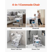 Bedside Commode Chair with 4 Wheels 4-in-1 Raised Toilet Seat 350 lbs
