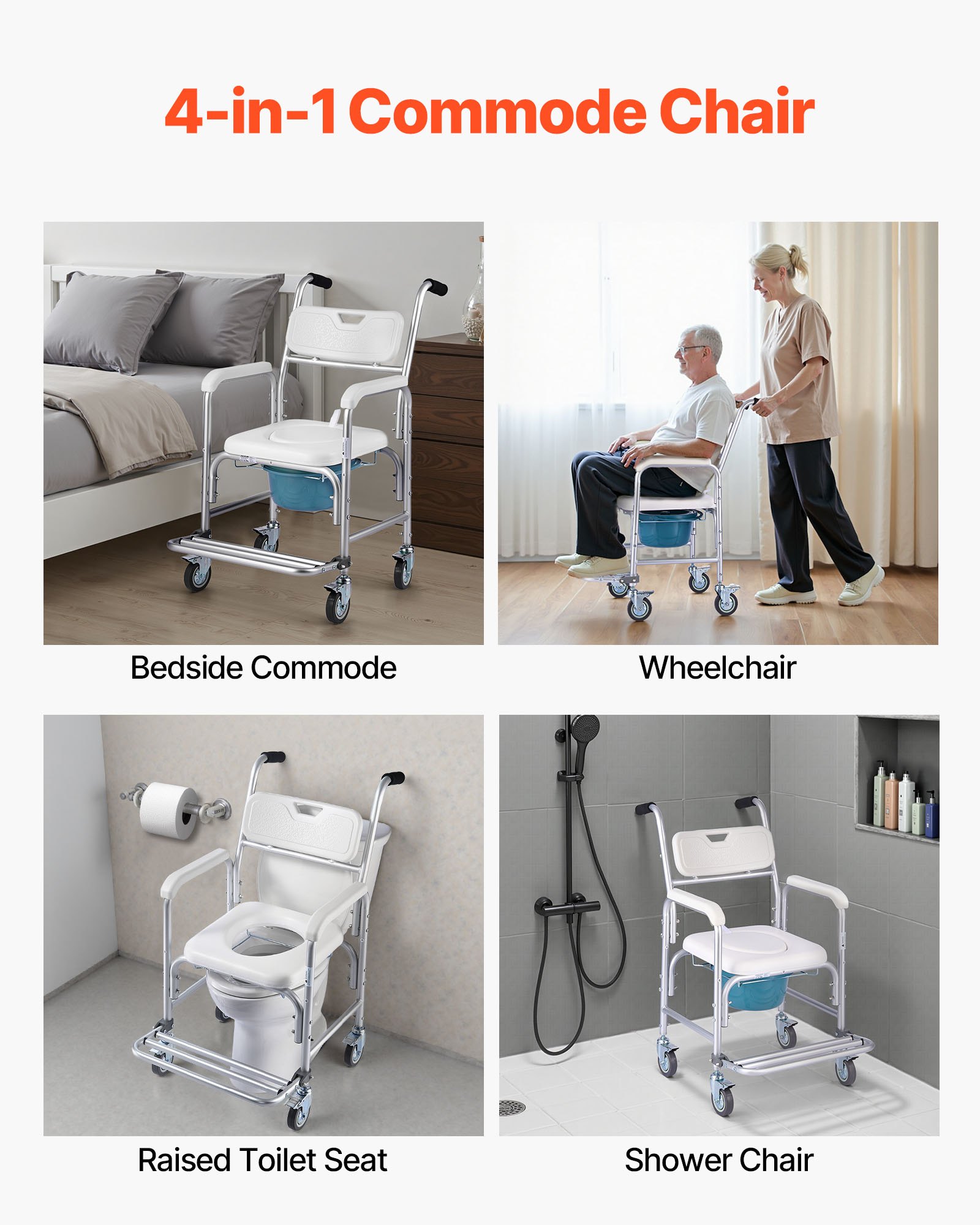 VEVOR Bedside Commode Chair with Wheels, 350 lbs Capacity, 4-in-1 Portable Toilet and Raised Toilet Seat with Padded Seat/Backrest/Flip-up Footrest, Detachable 5L Bucket, Shower Wheelchair for Seniors