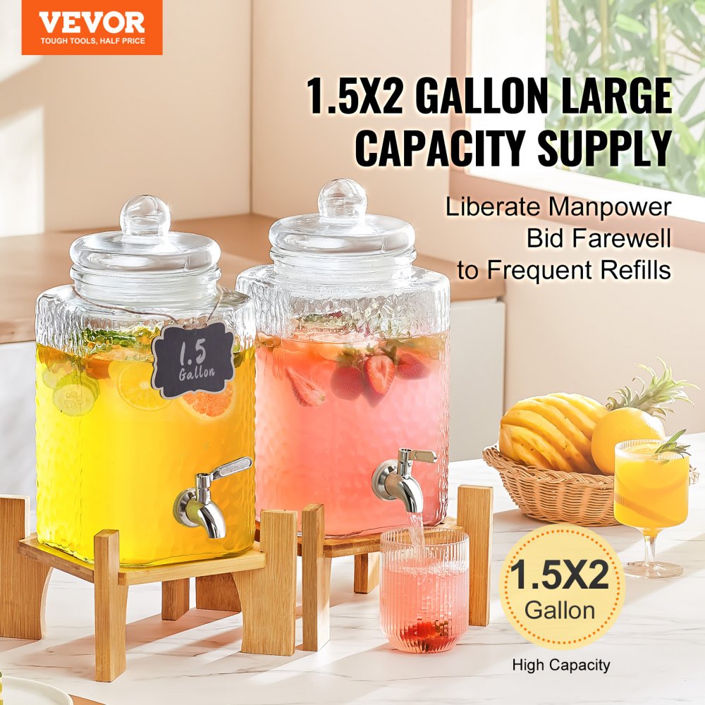 VEVOR beverage dispenser with dual 1.5-gallon glass containers, wooden stands, and fruit-infused drinks.