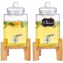VEVOR beverage dispenser in glass with 1.5 gallon capacity on wooden stands, filled with lemonade.