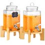 two glass VEVOR beverage dispensers with wooden stands, filled with orange liquid, 1.5 gallon capacity.