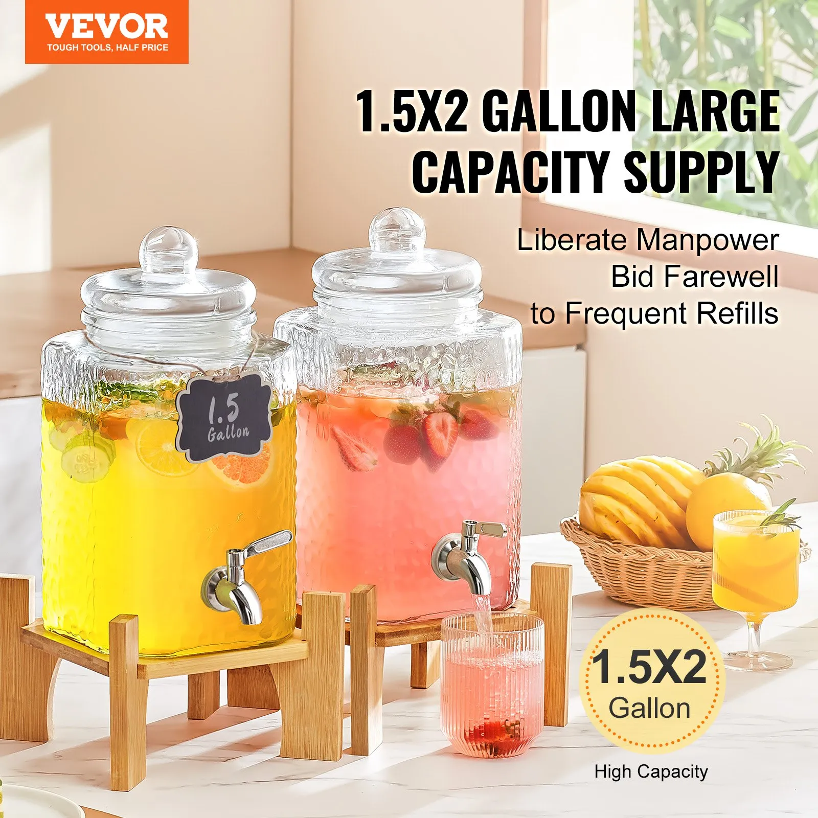 VEVOR beverage dispenser with dual 1.5-gallon glass containers, wooden stands, and fruit-infused drinks.