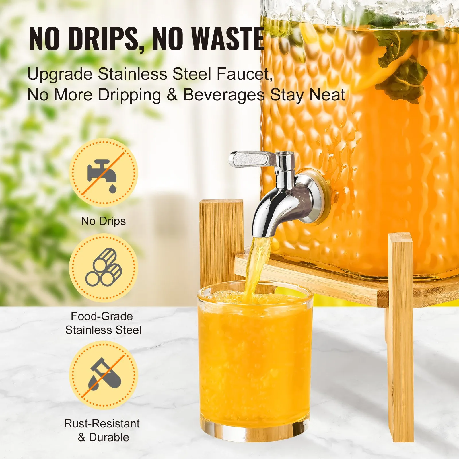 VEVOR beverage dispenser with stainless steel faucet, drip-free design, and durable stand pouring orange juice.