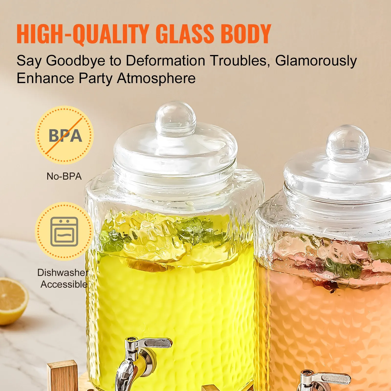 VEVOR beverage dispenser with high-quality glass body, no-bpa, and dishwasher accessible.