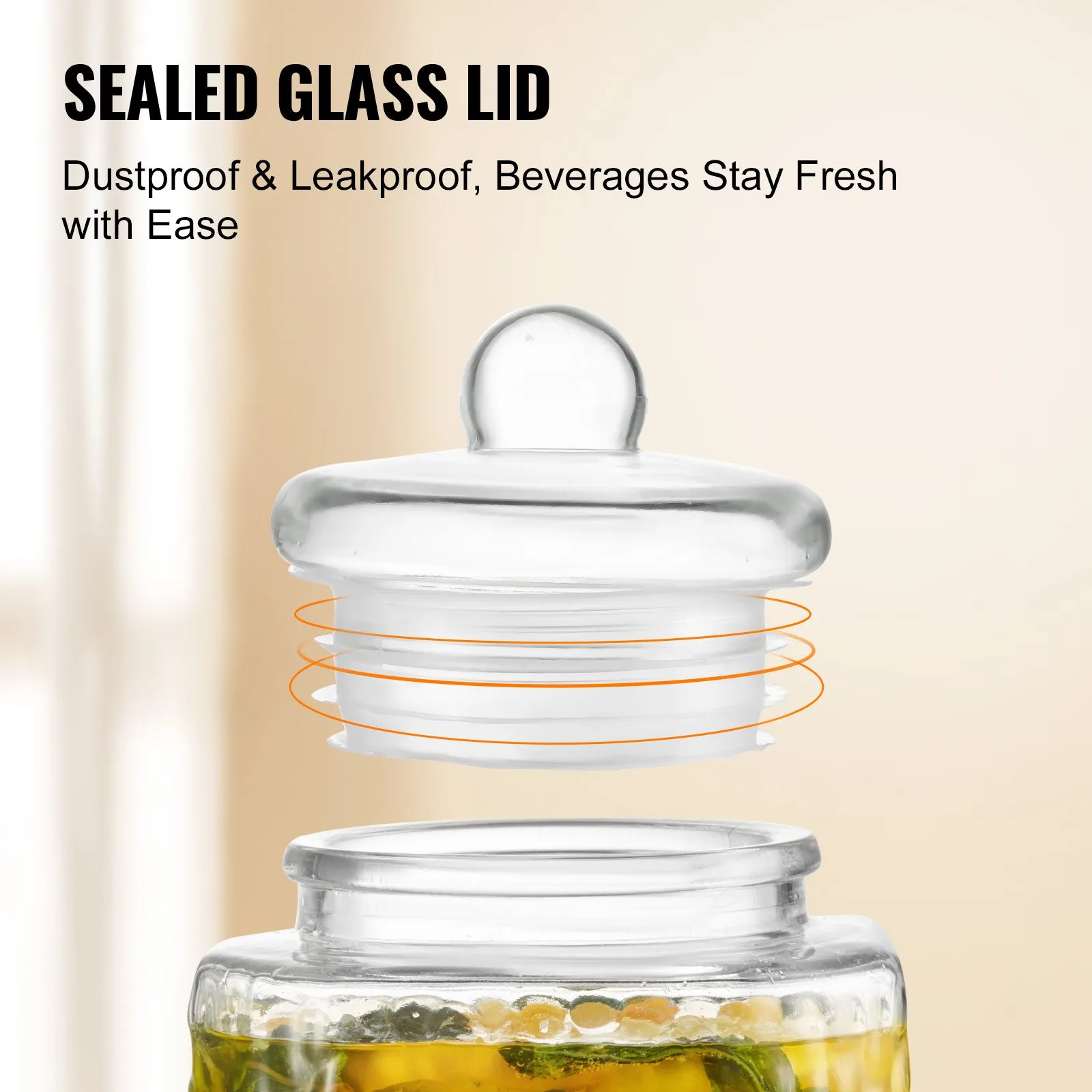 VEVOR beverage dispenser with sealed glass lid, dustproof and leakproof, keeping drinks fresh.