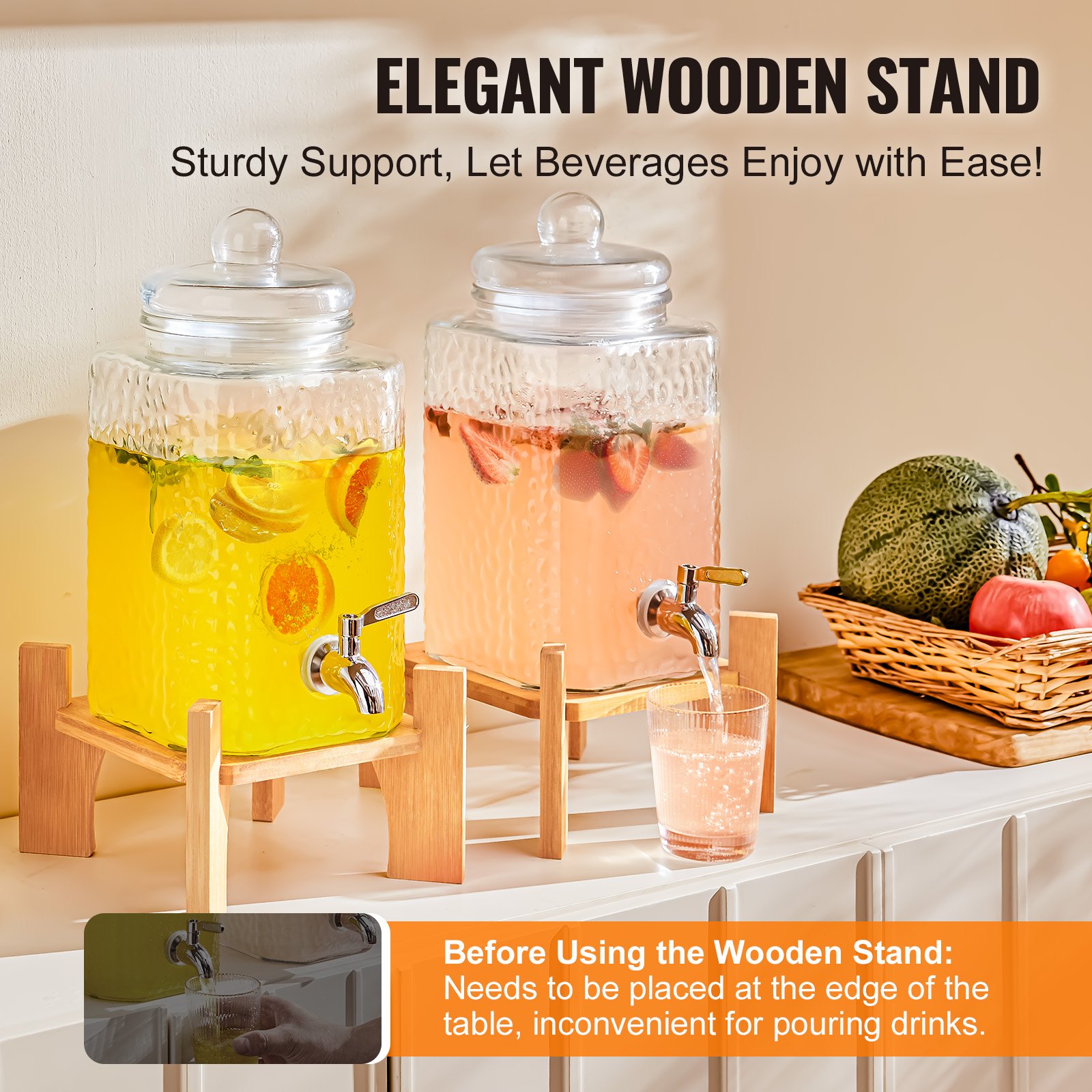 VEVOR beverage dispenser on elegant wooden stand, dispensing citrus and berry infused drinks on a counter.