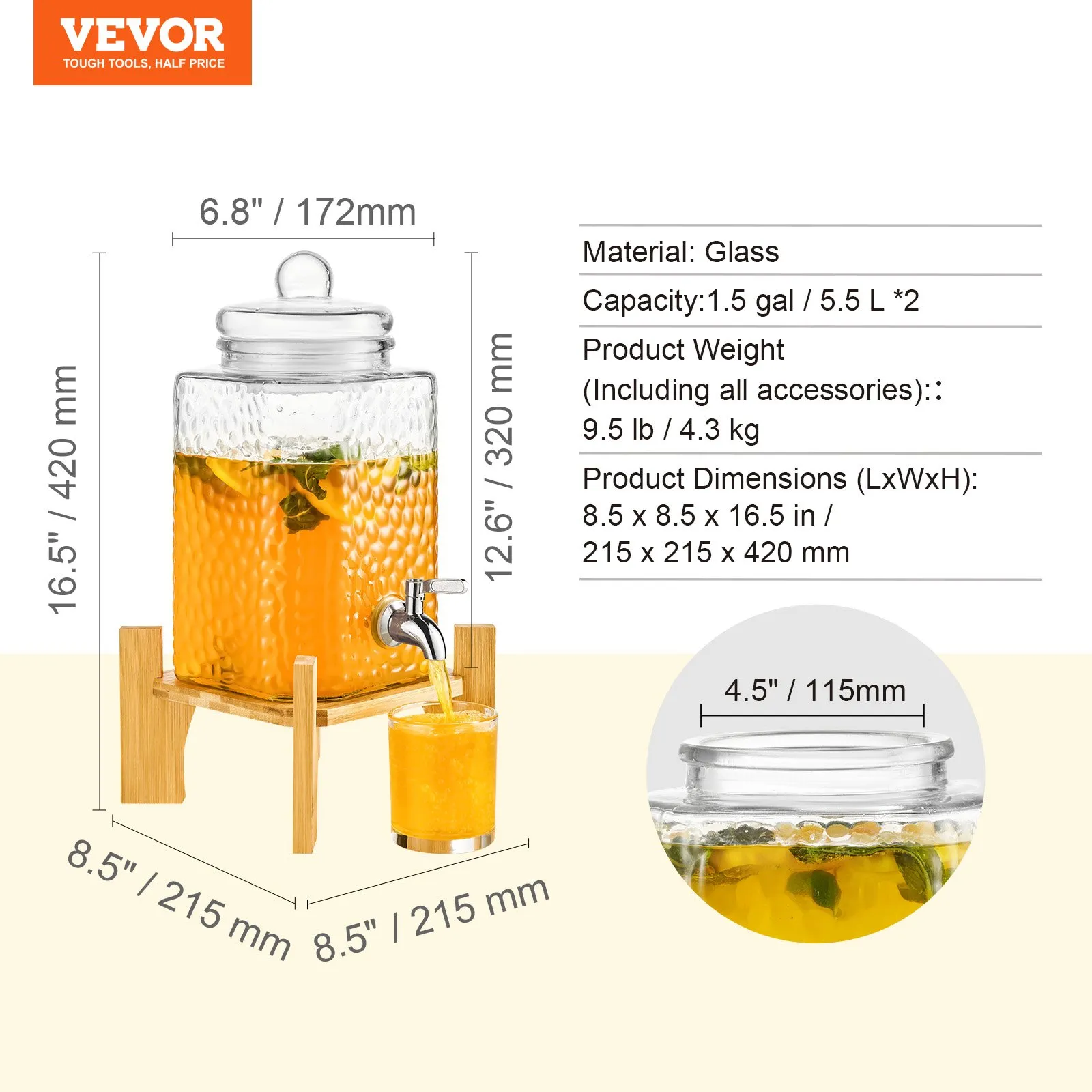 VEVOR beverage dispenser, 1.5 gal capacity, glass material, wood stand, with dimensions and weight details