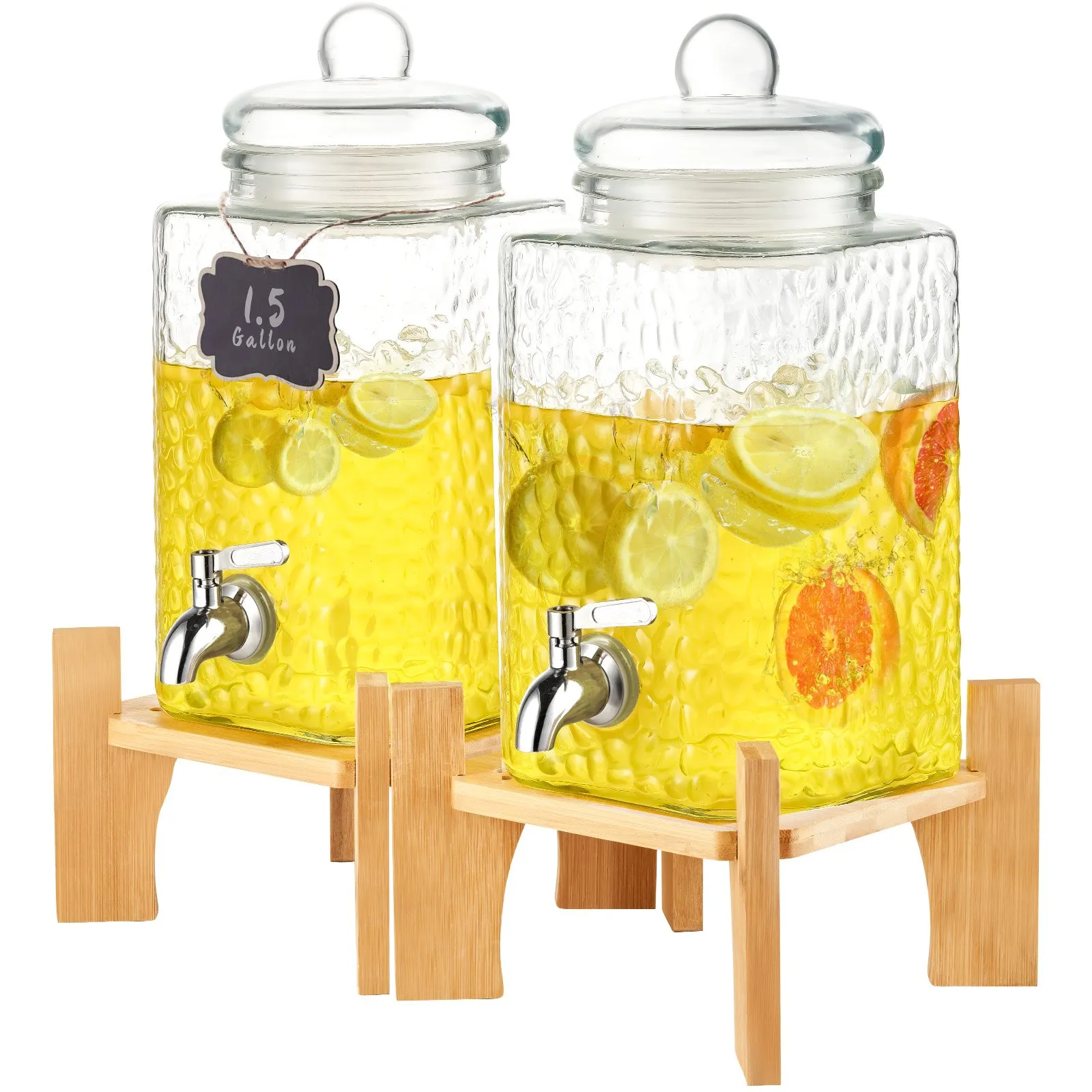 VEVOR beverage dispenser with 1.5-gallon glass containers and wooden stands, filled with citrus drinks.