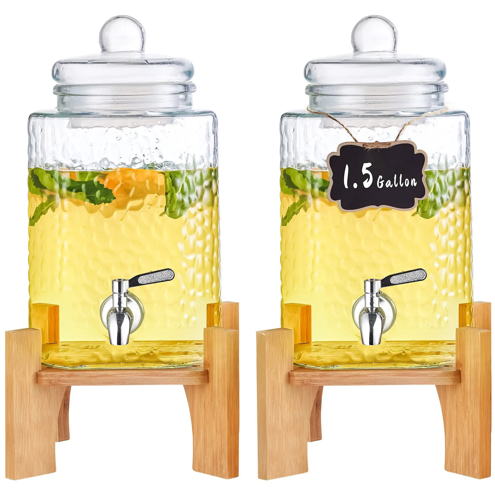 VEVOR beverage dispenser in glass with 1.5 gallon capacity on wooden stands, filled with lemonade.