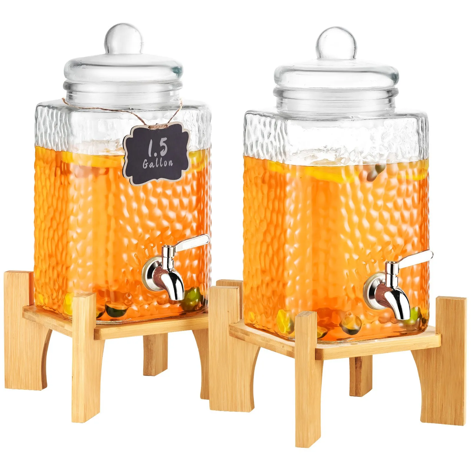 two glass VEVOR beverage dispensers with wooden stands, filled with orange liquid, 1.5 gallon capacity.