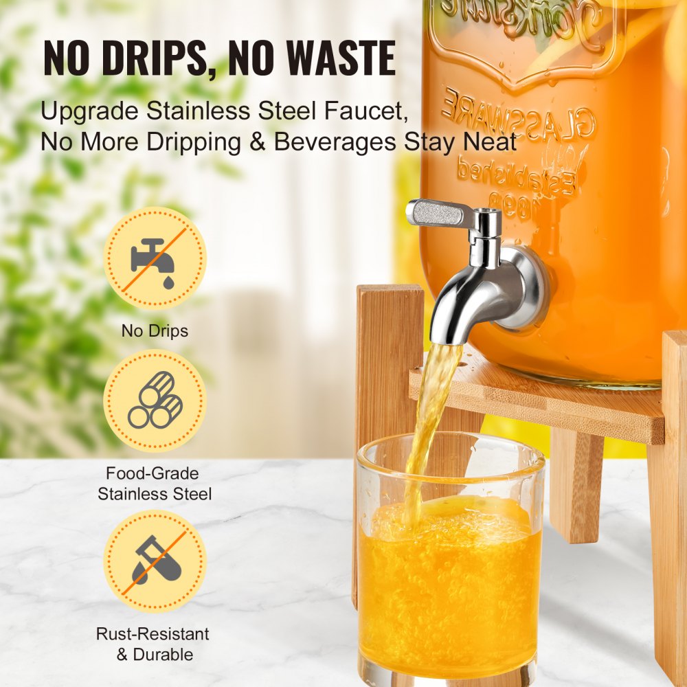 VEVOR beverage dispenser with stainless steel faucet pouring orange liquid into a glass, text highlights no drips.
