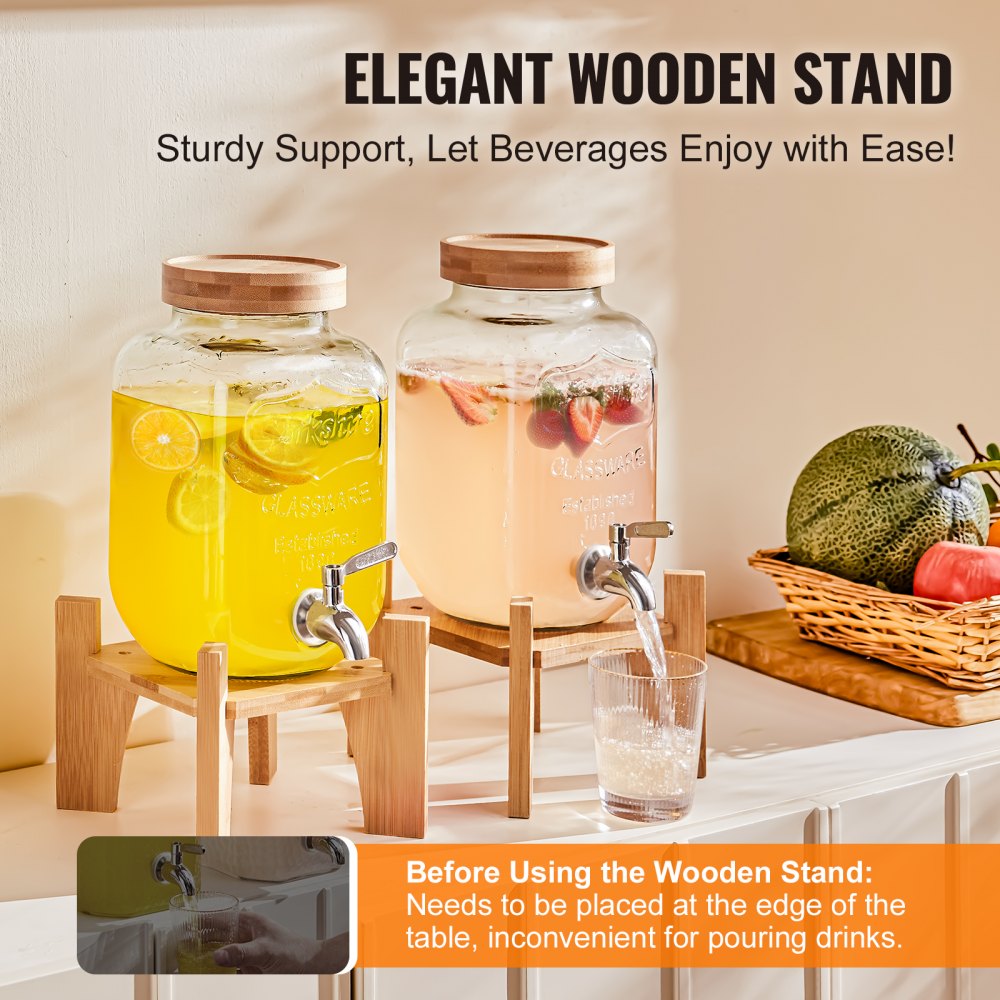 elegant wooden stand with two VEVOR beverage dispensers, filled with lemon and berry-infused drinks.