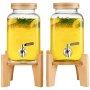 VEVOR beverage dispenser with wooden stand, dual glass jars, bamboo lids, and chrome spigots.