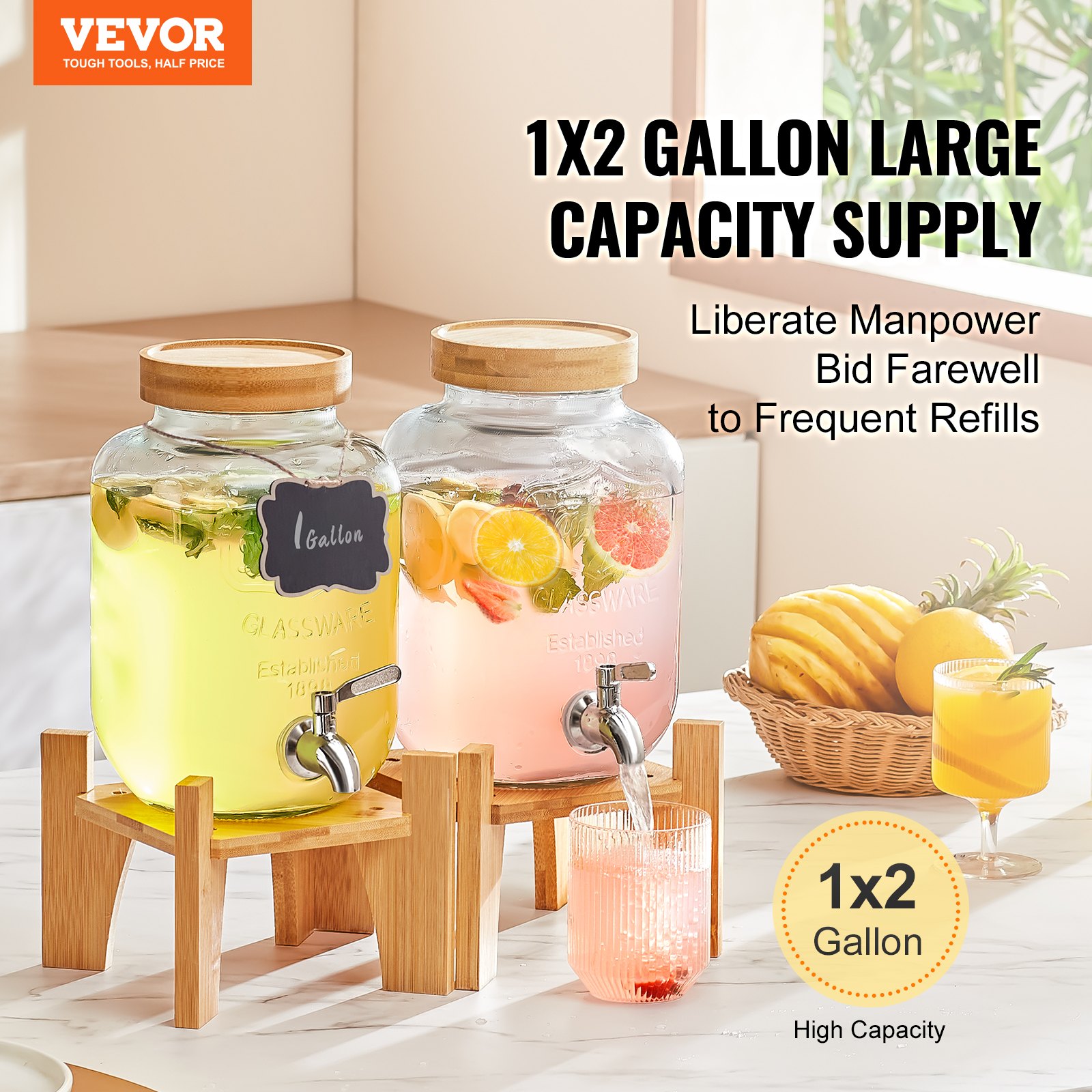 VEVOR beverage dispenser set with wooden stands, filled with lemon and citrus drinks, on a kitchen table.
