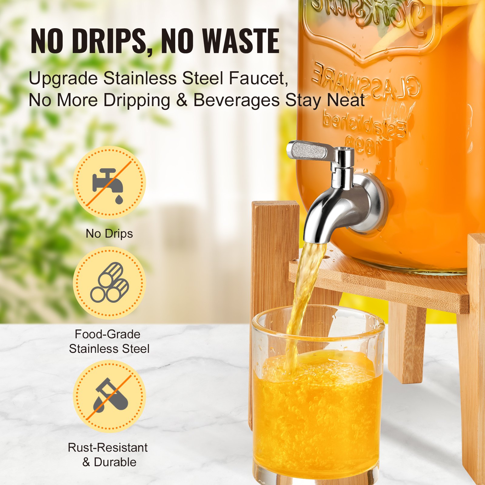 VEVOR beverage dispenser with stainless steel faucet pouring orange liquid into a glass, text highlights no drips.