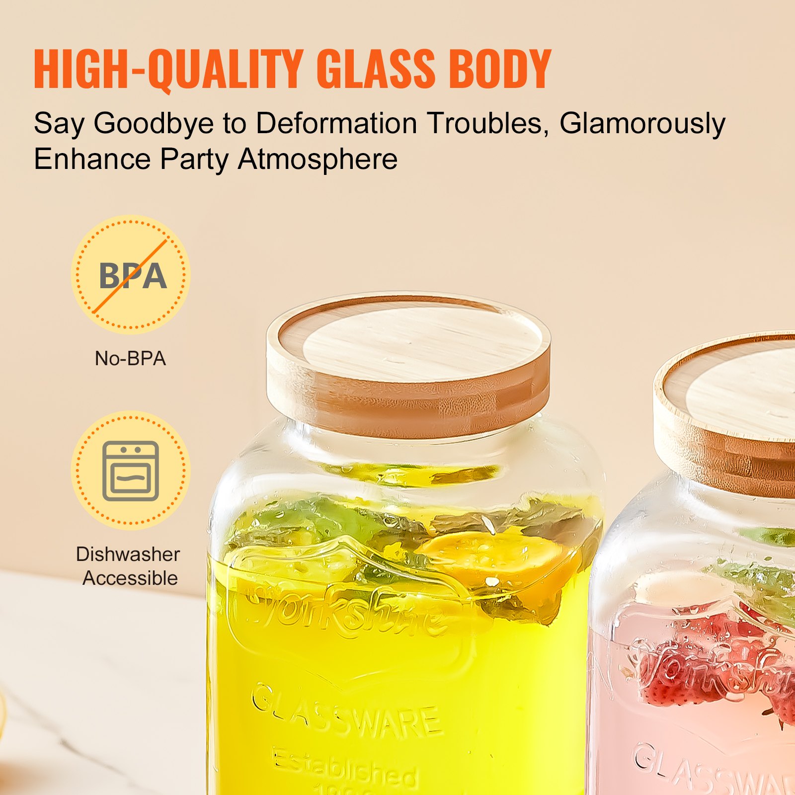 high-quality VEVOR beverage dispenser with wooden lids, no-bpa glass, and dishwasher accessible.