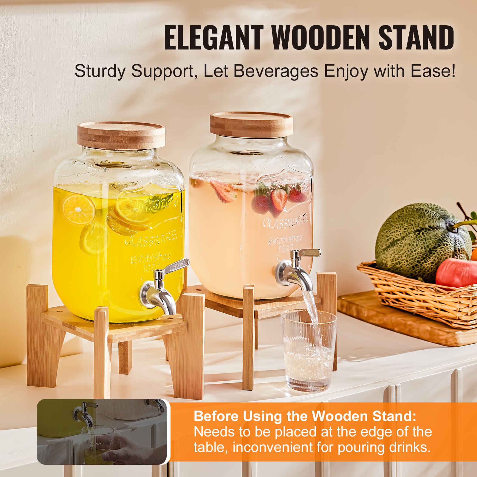 elegant wooden stand with two VEVOR beverage dispensers, filled with lemon and berry-infused drinks.