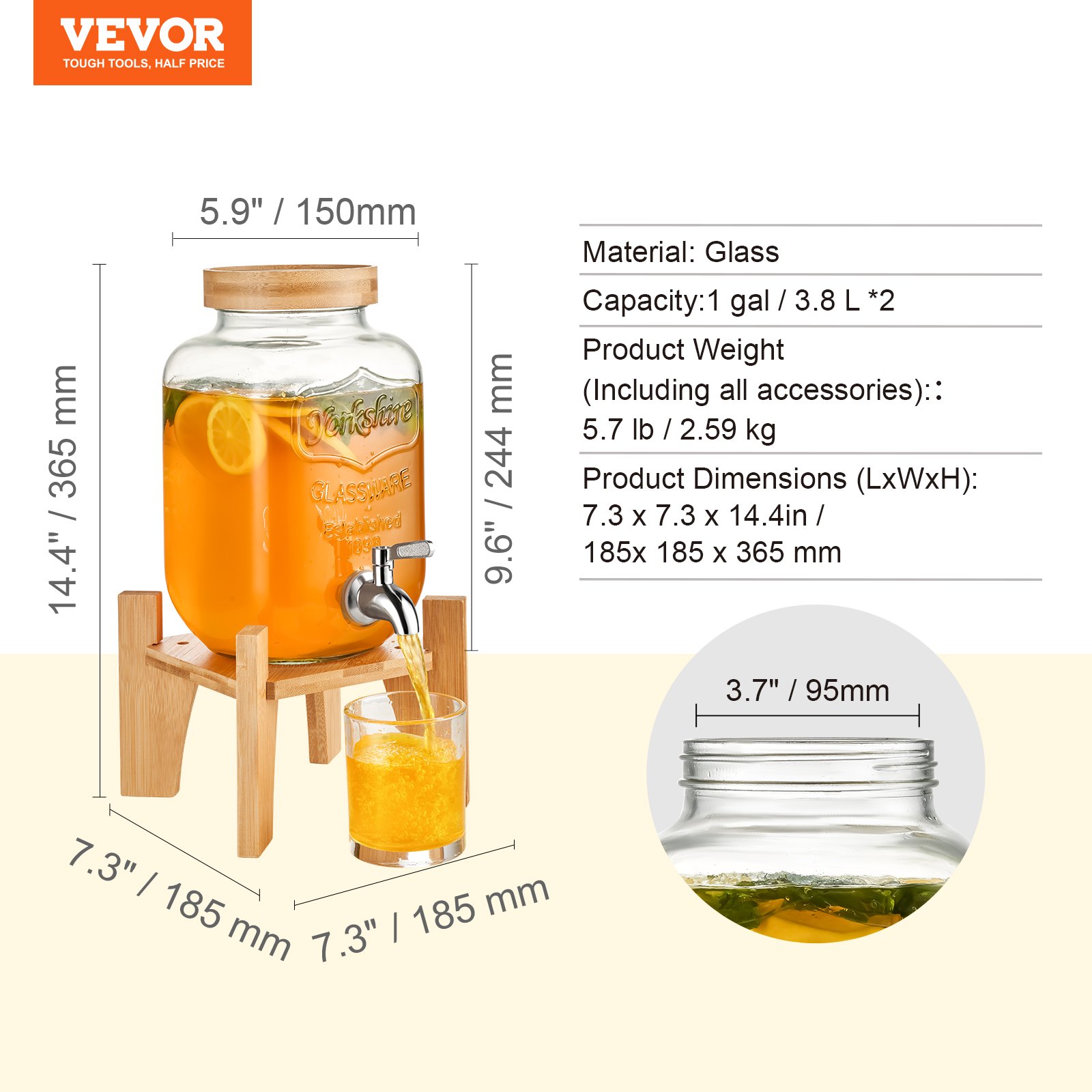 VEVOR beverage dispenser: glass 1-gallon capacity, wood stand, dimensions 14.4&quot; x 7.3&quot; x 7.3&quot;.