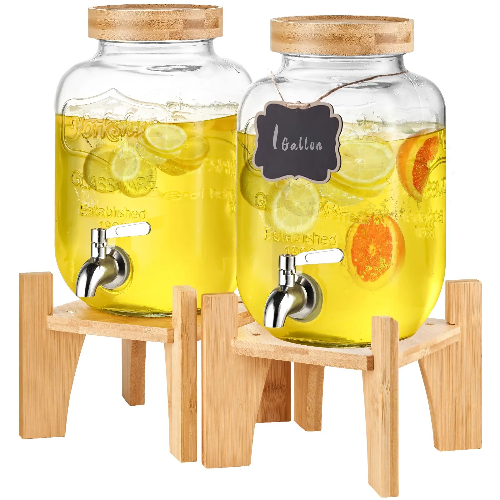 VEVOR beverage dispenser with wooden stand, featuring two glass jars filled with citrus-infused drink.