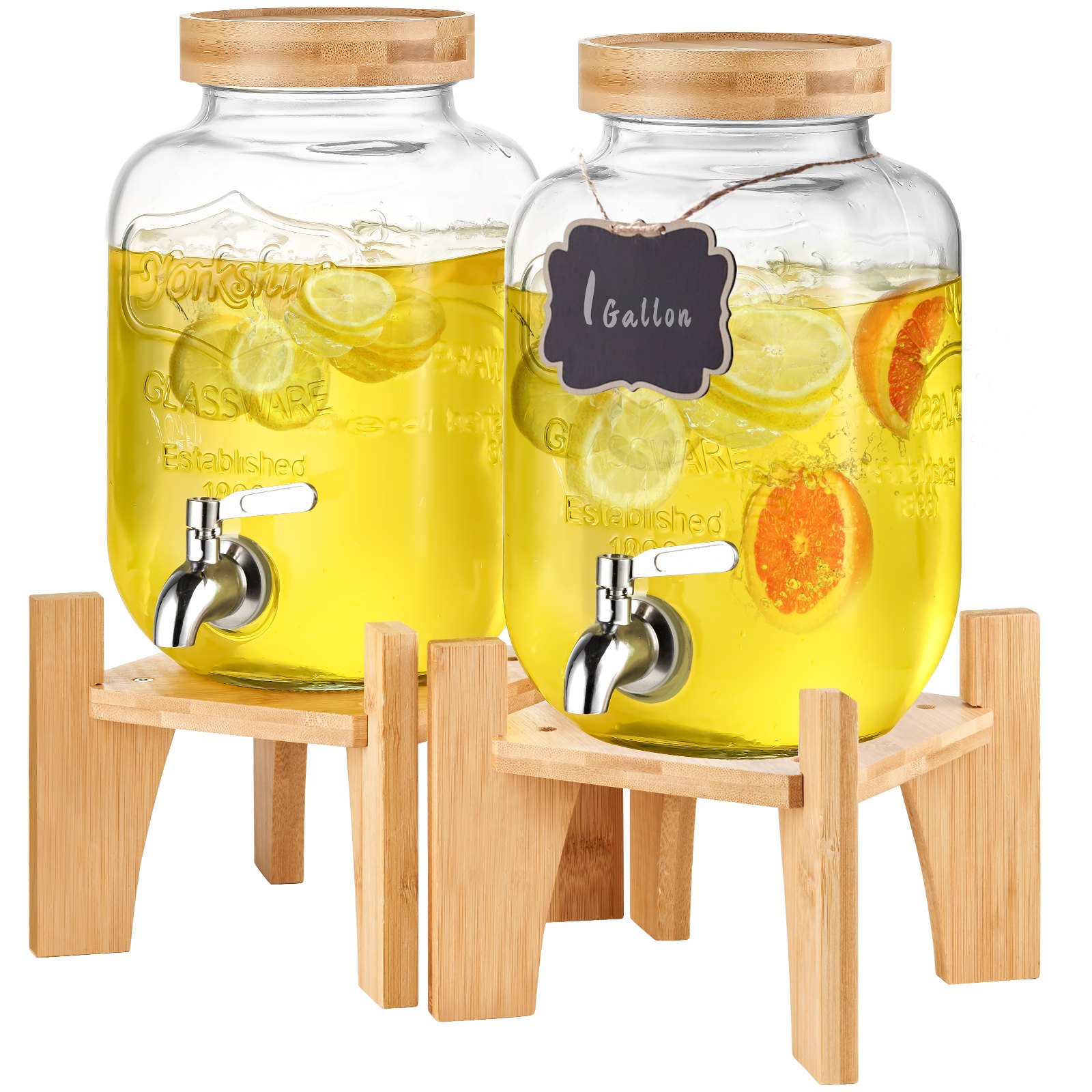 VEVOR beverage dispenser with bamboo lids and stands, holding lemon and orange infused water.